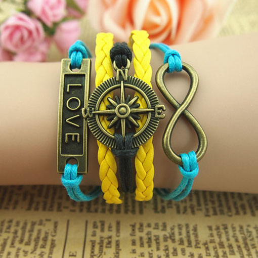 Compass Bracelet Pretty Retro Antique Bronze,navy Blue Wax Rope