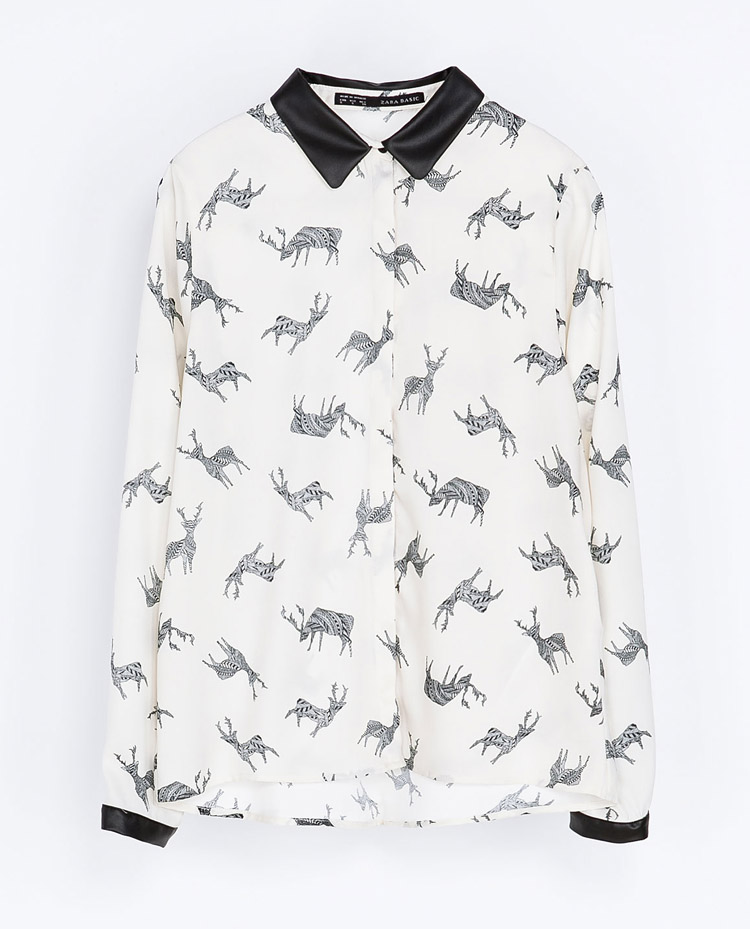 Christmas Gift Blouse,elk Printed White Shirt Collar Chiffon Blouse