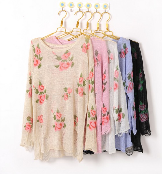 Christmas Knitwear Women Fashion Vintage Rose Flower Hollow Holes Sweater Top Shirt