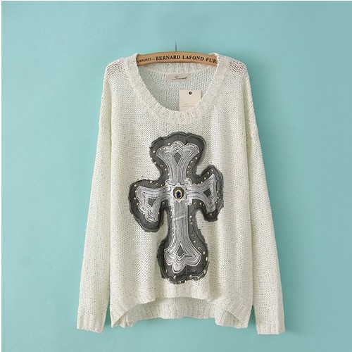 50% Off Sweaters Sparkly Beaded Cross Stud Loose Pullover Sweater High ...
