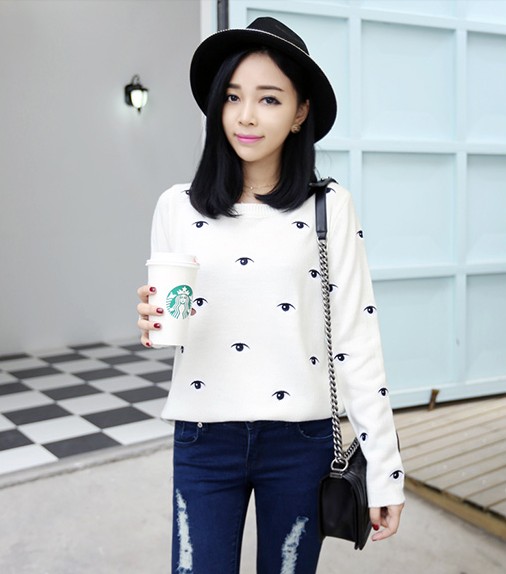 Novelty Eye Sweaters Pullover Women Black White High Quality on Luulla